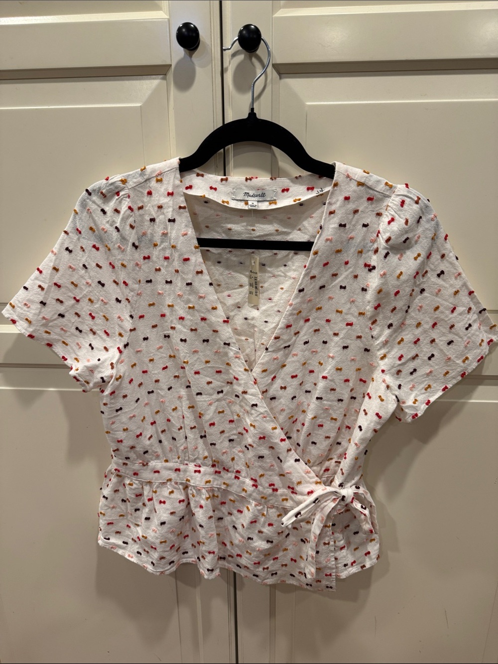 Madewell White Wrap Top with Embroidered Bows